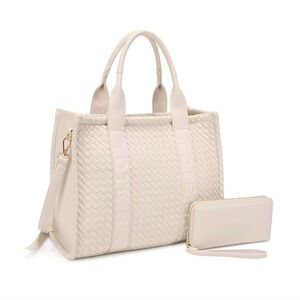Stylish beige woven quilted Tote Bag with Wallet large NEW